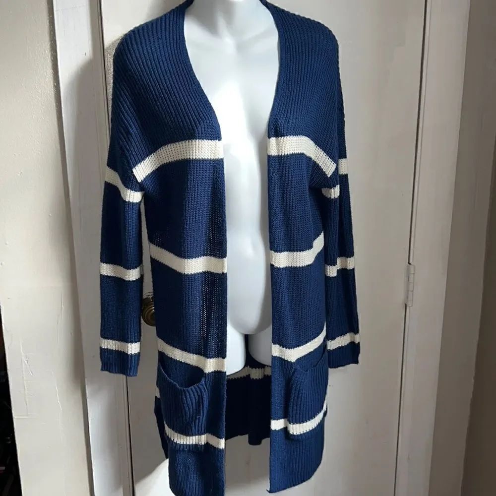 JUN & IVY Blue and White Stripe Long Cardigan with Pockets-S